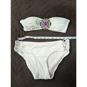 White hot bandeau gathered bejeweled brooch bikini set by DKNY size S
